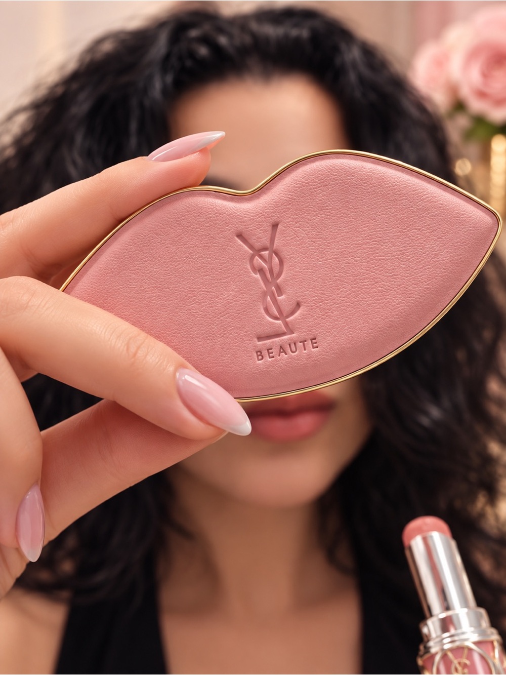Authentic Yves Saint Laurent
Beaute Pink Lip-Shaped Mirror with Gold Trim